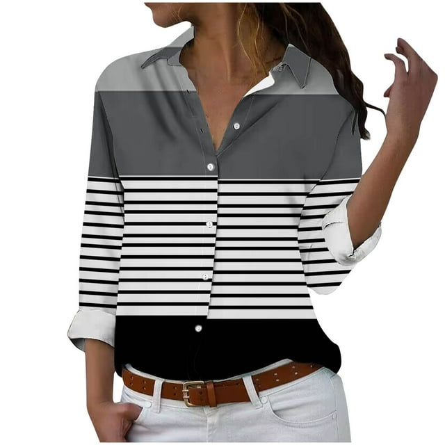 cfhntfmh Chemises Boutonnées pour Femmes Imprimé Rayé Manches Longues Blouses Col Automne Tops de Travail Amples