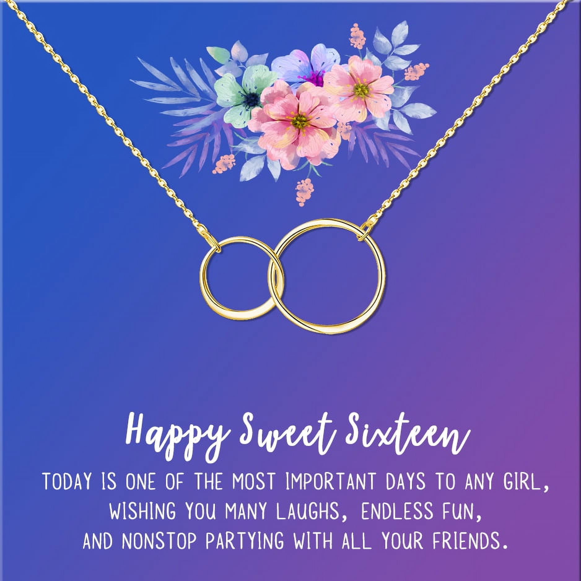 Anavia Happy Sweet Sixteen Necklace, 16th Birthday Card Gift, Daughter Birthday Present, Sweet 20 necklace for Girl-[Gold Infinity Double Ring, Blue-Purple Gift Card]