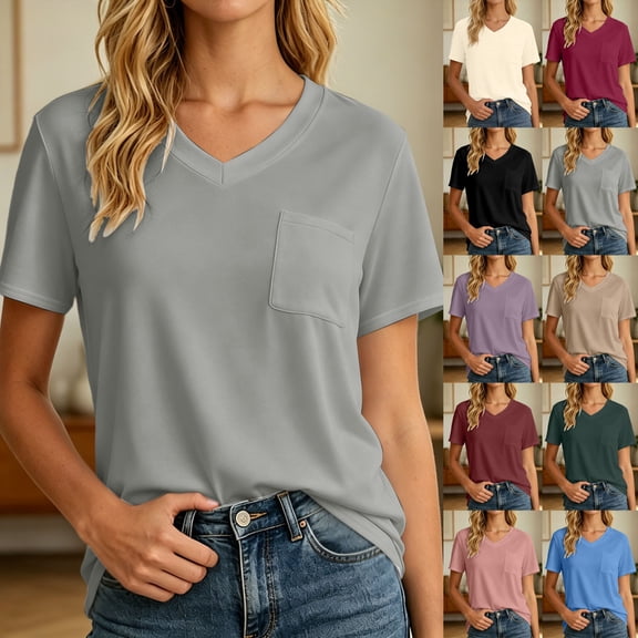 Gaexia Women's Casual Short Sleeve Pocket Tee Crew Neck Basic Top For Everyday Wear Stylish Comfort Solid (Dark Green,L)