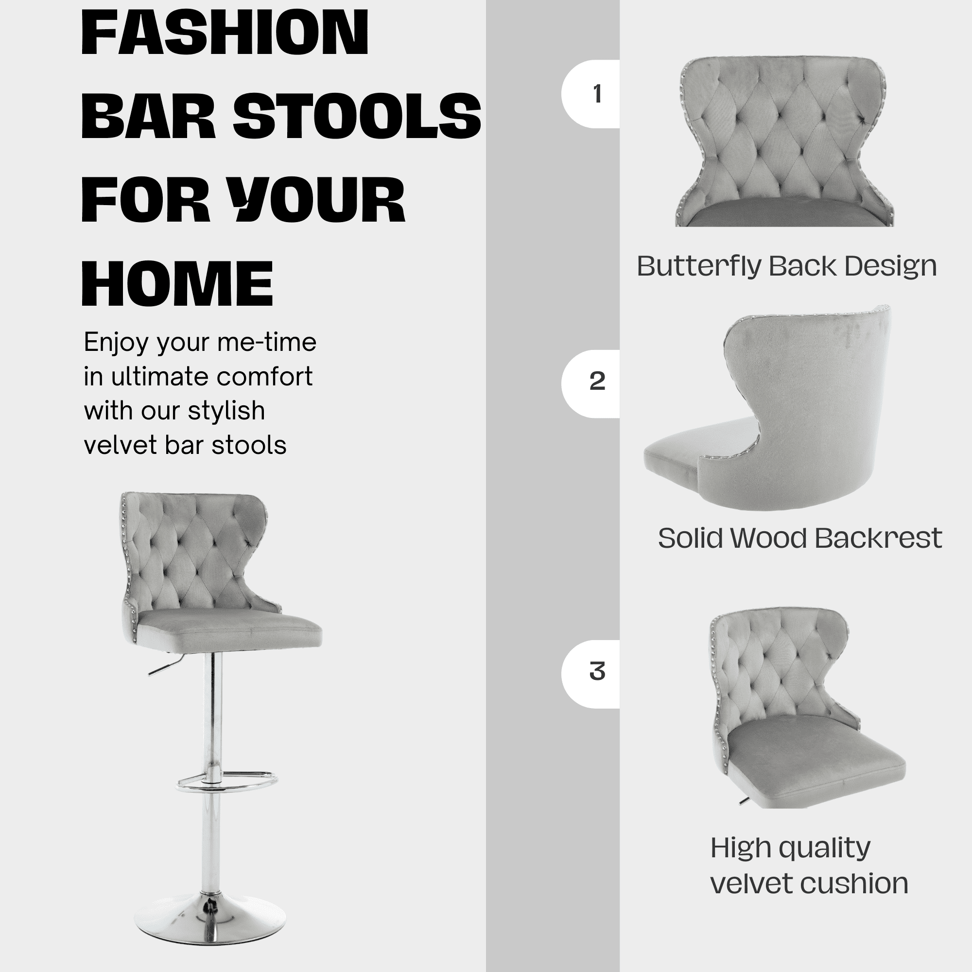 Set of 2 Adjustable Swivel Bar Stools,Velvet Upholstered Counter Height Chairs with Nailhead Trim, Silver Footrest, and High Back for Kitchen Island, Home Bar, Dining Room, Cafe,Gray