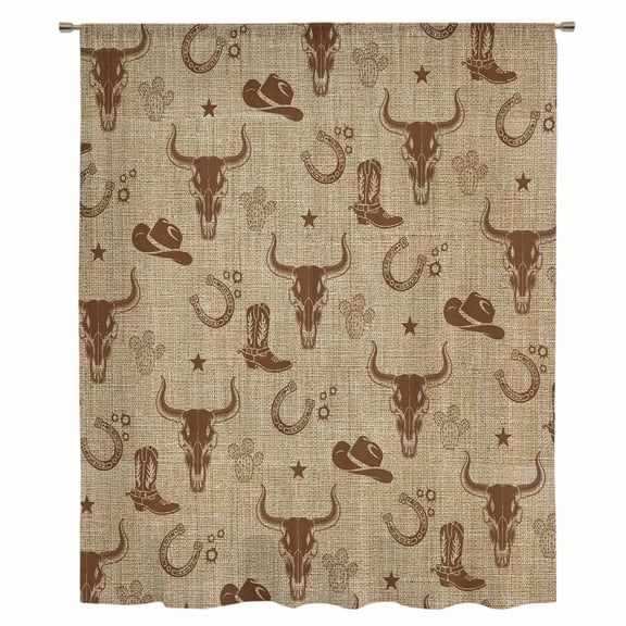 Brown Cow Skull Sheer Curtains 45 Inches Long, Southwestern Vintage Cowboy Boots Burlap Light Filering Curtains, Breathable Simi Curtain Privacy Drapes for Kitchen Bathroom Small Window Treatment