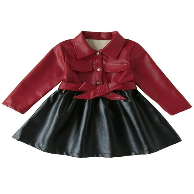 Robe à Manches Longues pour Filles Col Rabattu Fermeture à Boutons Veste en Cuir PU
