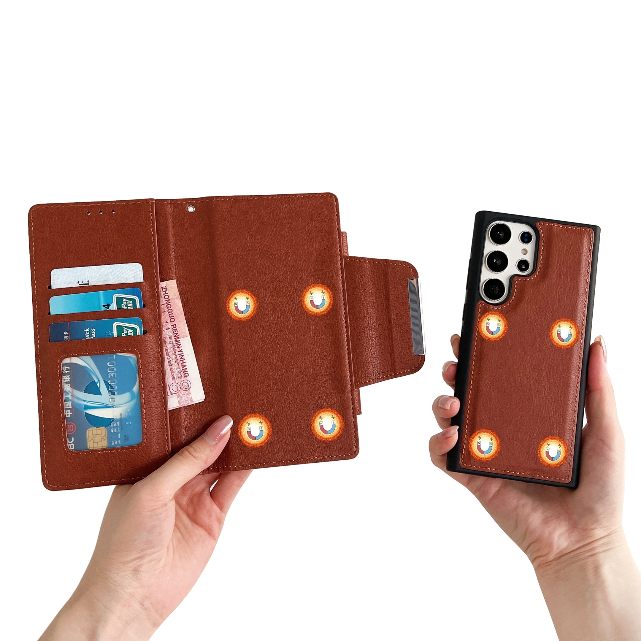 Designed For Samsung Galaxy S25 Wallet Phone Case,Detachable PU Leather Magnetic Flip,With Card Slots,Flip Folding Kickstand,Heavy Duty Anti-fall Shockproof Rugged Phone Case,Brown