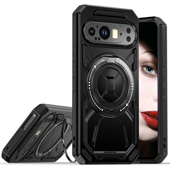 for Google Pixel 9 Pro/Pixel 9 2024 Case with 360° Ring Kickstand, Dual Layer Military Grade Heavy Duty Shockproof Protection Rugged Phone Case Cover for Google Pixel 9 Pro. SHJ-Black
