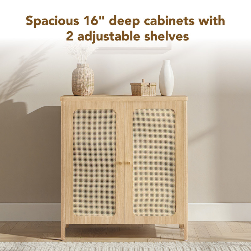 Spruce & Spring Rustic Modern Sideboard with Rattan Doors for Dining & Living Room