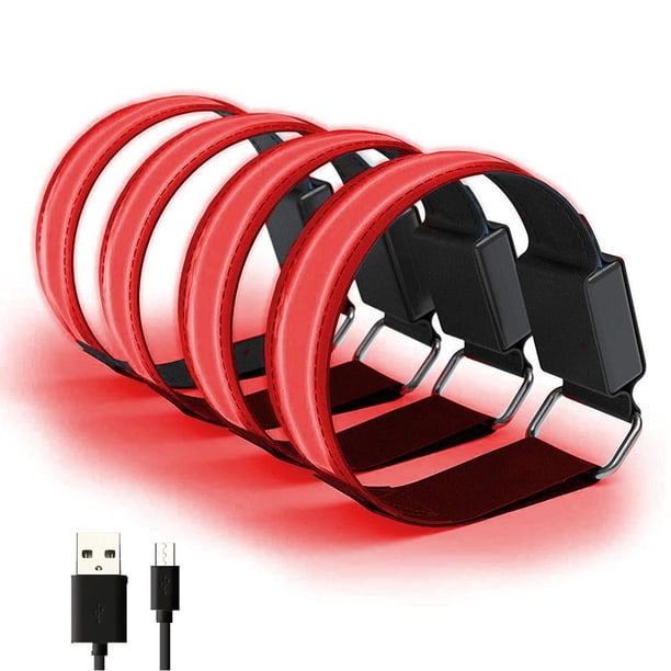 4 Uds pulsera LED USB recargable NikouMX banda reflectante ajustable seguridad iluminar brazaletes rojo