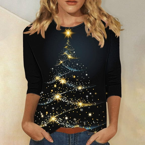 VKOYWKM Women's Fall Shirts Christmas 3/4 Sleeve Tops Xmas Tree Graphic T Shirts Holiday Party Crew Neck T-Shirts Loose Fit Christmas Gifts Tunic Top