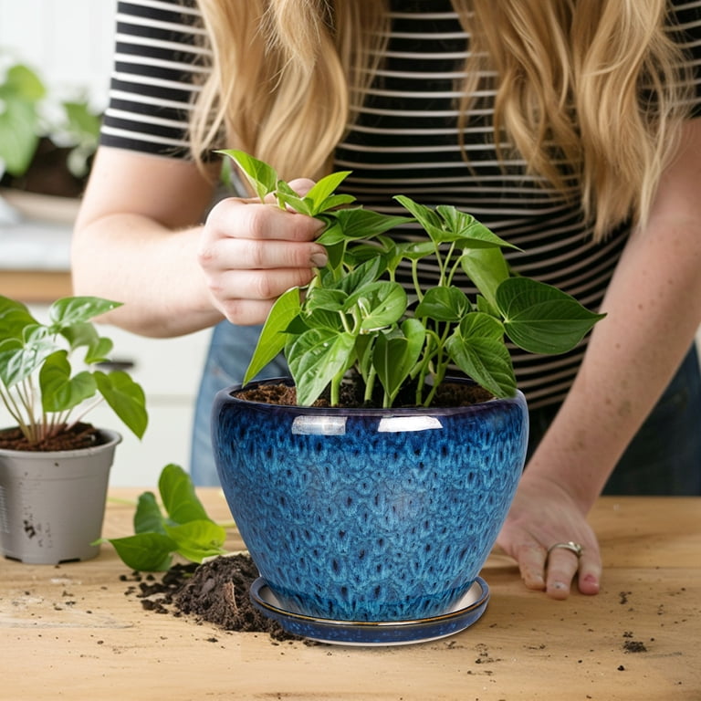 Ceramic Planter with Saucer in Peacock Blue Reactive Glaze photo 2