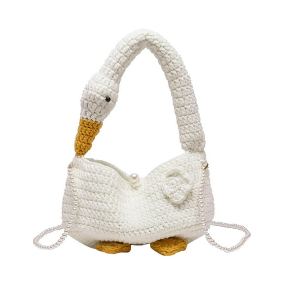 Sharplace Goose Tote Bag Shoulder Bag Purse with Beads Strap Funny Pouch Crossbody Bag Knitted Handbag for Travel Work Vacation Outdoor White