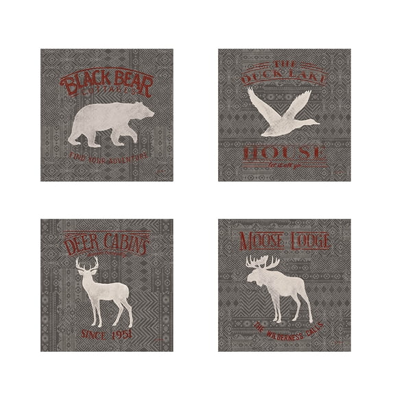 Great Art Now Soft Lodge Dark with Red by Janelle Penner 4 Piece Print Art Set Each 12W x 12H