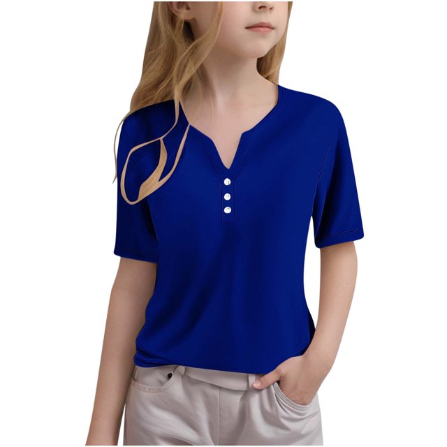 Yufatyle T-Shirts pour Filles Tunique Boutonnée Manches Courtes Blouse Unie Henley Col en V T-Shirts d'Été