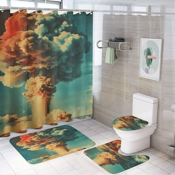 Nuclear Mushroom Cloud 4 Piece Shower Curtain Sets, Non-Slip Rugs, Toilet Lid Cover And Bath Mat, for Bathroom Decor Set, 72" X 72"