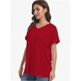 thumbnail image 2 of Women's Casual V-Neck T-Shirt - Short Sleeve Loose Fit Top with Side Split & Rolled Sleeve for Summer, 2 of 6