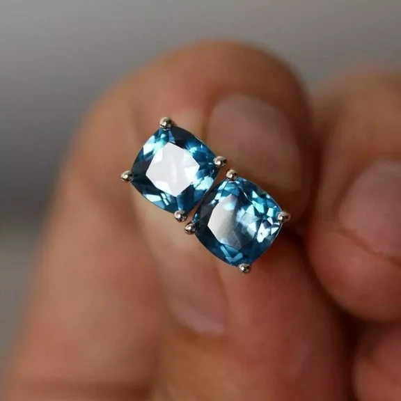 Women's 2Ct Cushion Cut Lab Created London Blue Topaz Stud Earrings 14K White Gold Plated