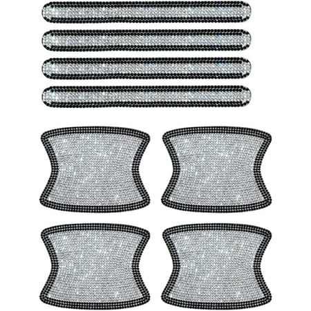 8Pcs White Black Car Door Handle Stickers Rhinestone Bling Door Handle Scratch Protector Protective Film Reflective Anti-Scratch Handle Sticker Safety Strips Universal for Most Car Truck SUV