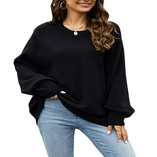 Women Casual Sweater Winter Long Sleeve Neck Solid Color Loose Fit Knit Tops