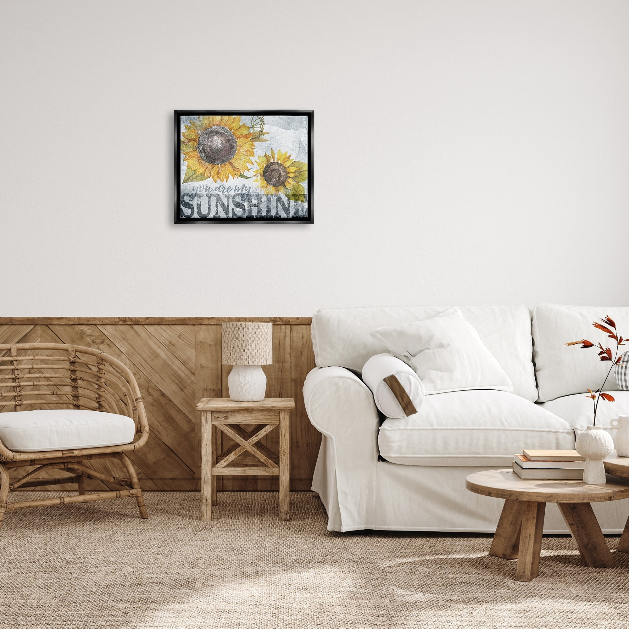 Stupell Industries You Are My Sunshine Quote Distressed Sunflower Design Jet Black Framed Floating Canvas Wall Art, 16x20, by Gigi Louise