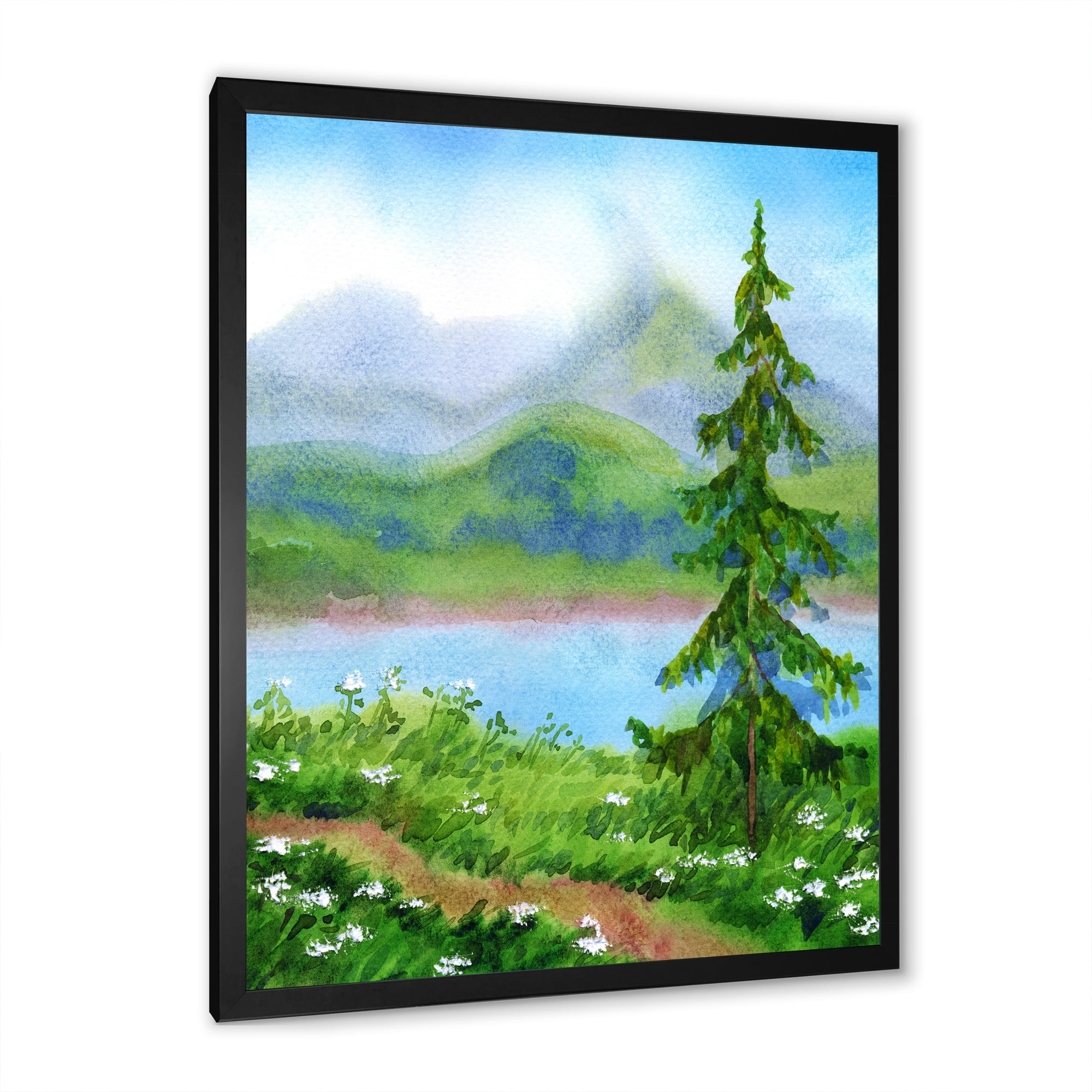 Designart 'Landscape River Spruce Near The Trail On A Hill' Traditional Framed Art Print