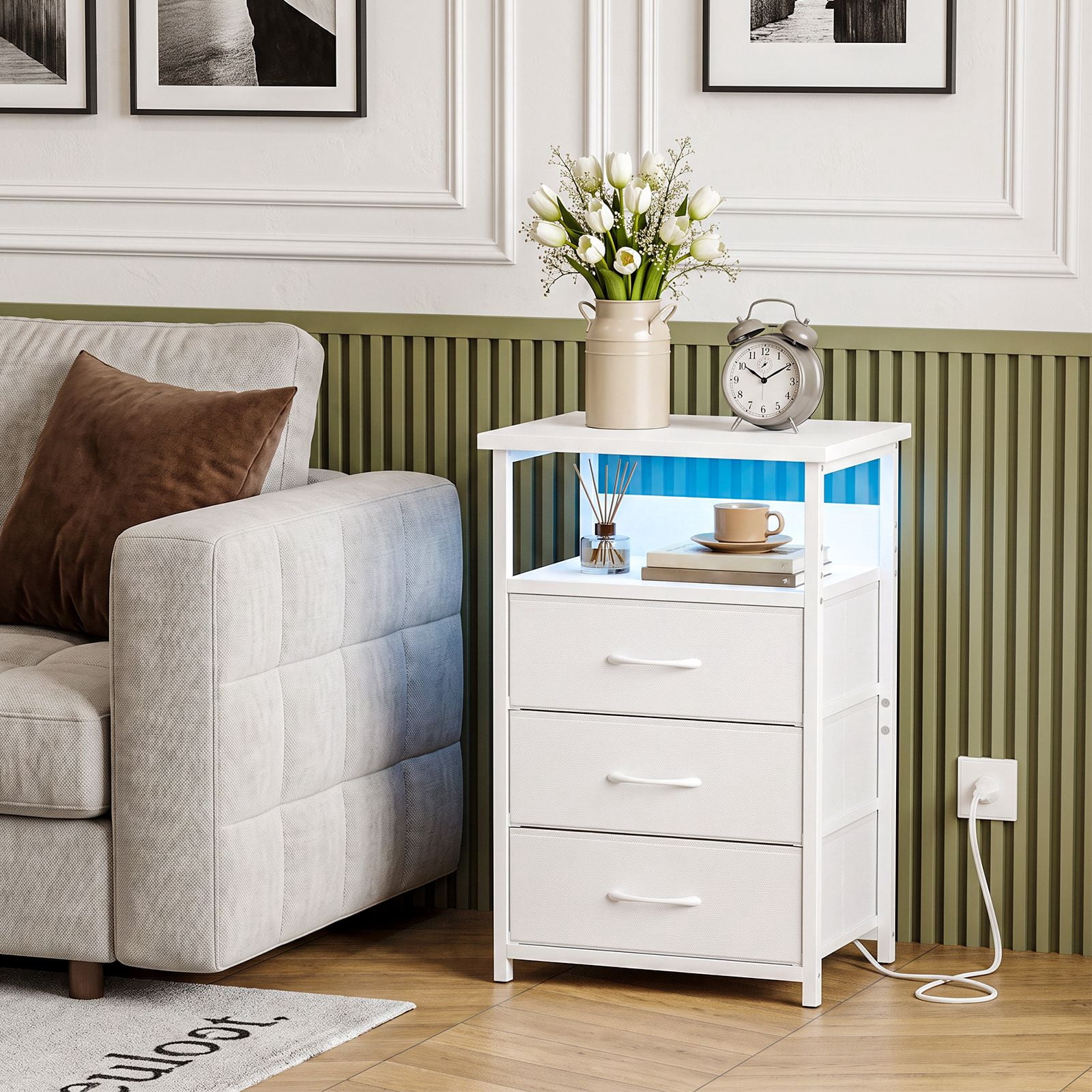 3-Drawer Nightstand with Charging Station, Open Shelf and RGB Light Strip, Fabric Drawer Dresser, Steel and Engineered Wood Frame, Bedroom and Living Room