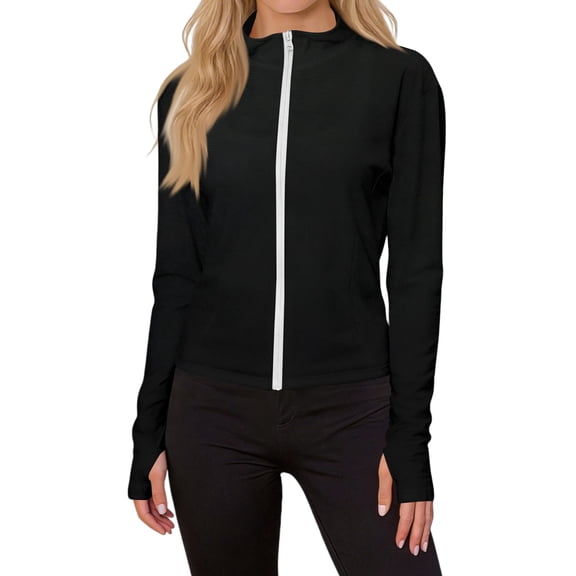 Stichou Womens Oversized Lightweight Zip Up Jackets Athletic Sun Shirts Workout Spring Summer Tops Thumb Holes Fitted Gym Clothes with Pocket Black L