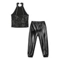 thumbnail image 4 of TiaoBug Kids Girls Hip Hop Jazz Ballet Dance Costume Sequins Halter Sleeveless Dance Crop Top with Metallic Pants Black 8, 4 of 5