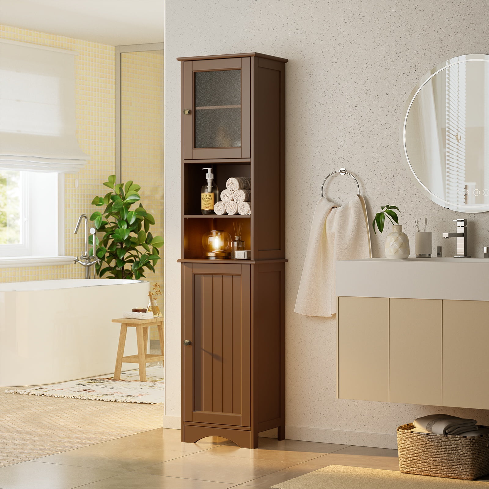 Asofer Tall Bathroom Cabinet, Storage Cabinet with Two-Way Doors, Freestanding Linen Tower, Anti-Tip, Dark Brown