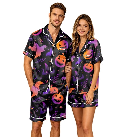 JULMCOMO Halloween Couples Matching Pajama Sets Pumpkins Ghost Witch Print Collared Button Down Holiday Two Piece Sets Soft Comfy Pajamas Dark Purple-Men 3XL