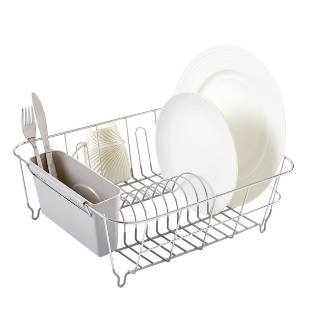 Juego de escurridor de Platos de 2 Piezas con Soporte para Utensilios, fácil de Usar, se Adapta a la mayoría de fregaderos, 14.5 x 13 x 5.2 Pulgadas, Plateado