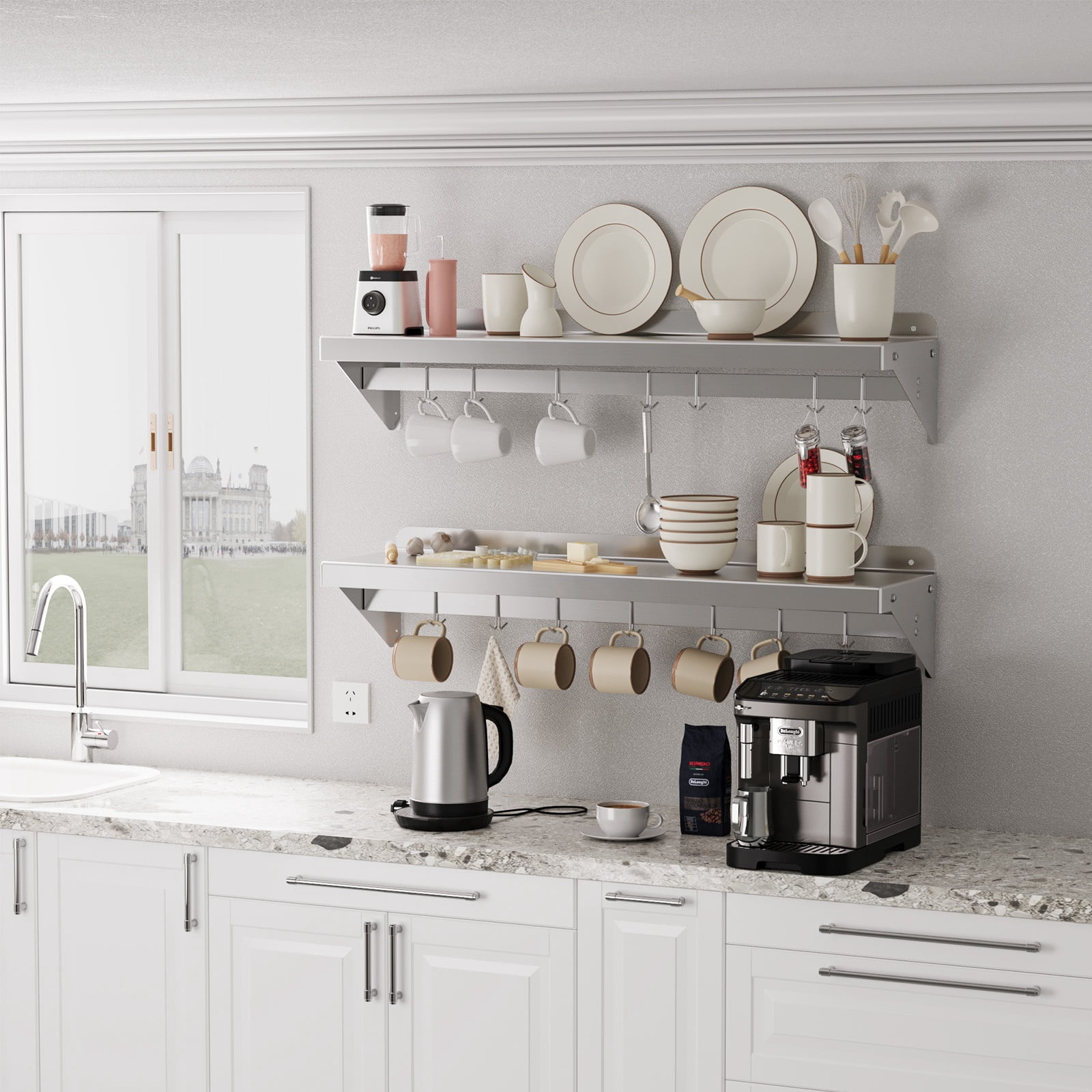 GARVEE 1-Tier Stainless Steel Wall Mount Shelf, 48" x 12" x 9.84", with 7 Hooks, 200 lb Capacity