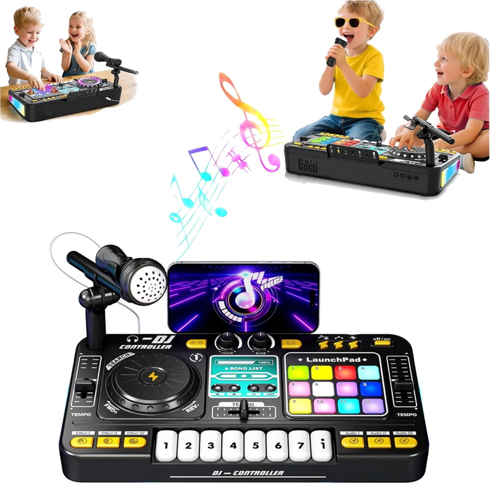 DJ Mixer for Kids with Microphone&Bluetooth, 8-Key Keyboard Piano Light up DJ Turntable with 12 MIDI, Piano Musical Instruments Toys for Boys Girls Birthday Gift for Kids Age 4 5 6 7+