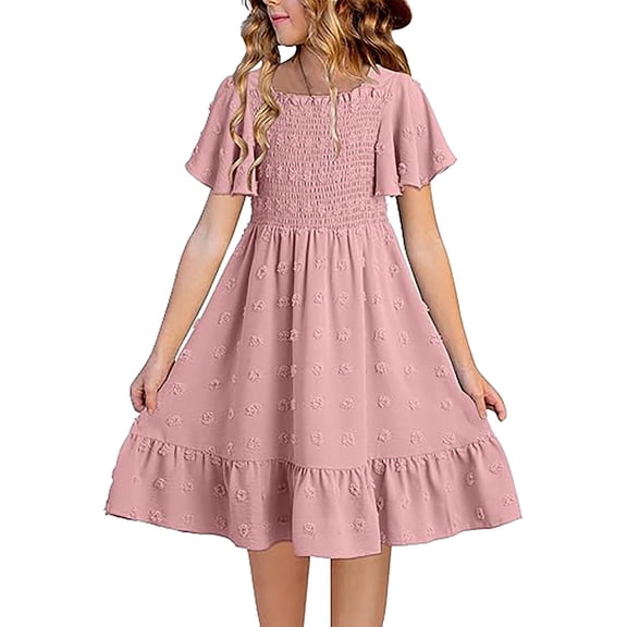 EnJoCho Girls' Square Neck Dress With Embroidery & Short Flare Sleeve A Line Dress For Toddler & Kids Little Girls’ Linen Sundress