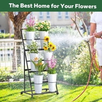 Flower Display Stand, 3 Layers Metal Plant Stand with 6 Buckets and Wheels for Florist, Wedding, Indoor Outdoor Garden - Black