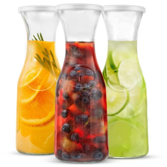 Kook 3-Pc Glass Carafe with Lid Kitchen Set, 35 Oz Glass Bottles with Caps