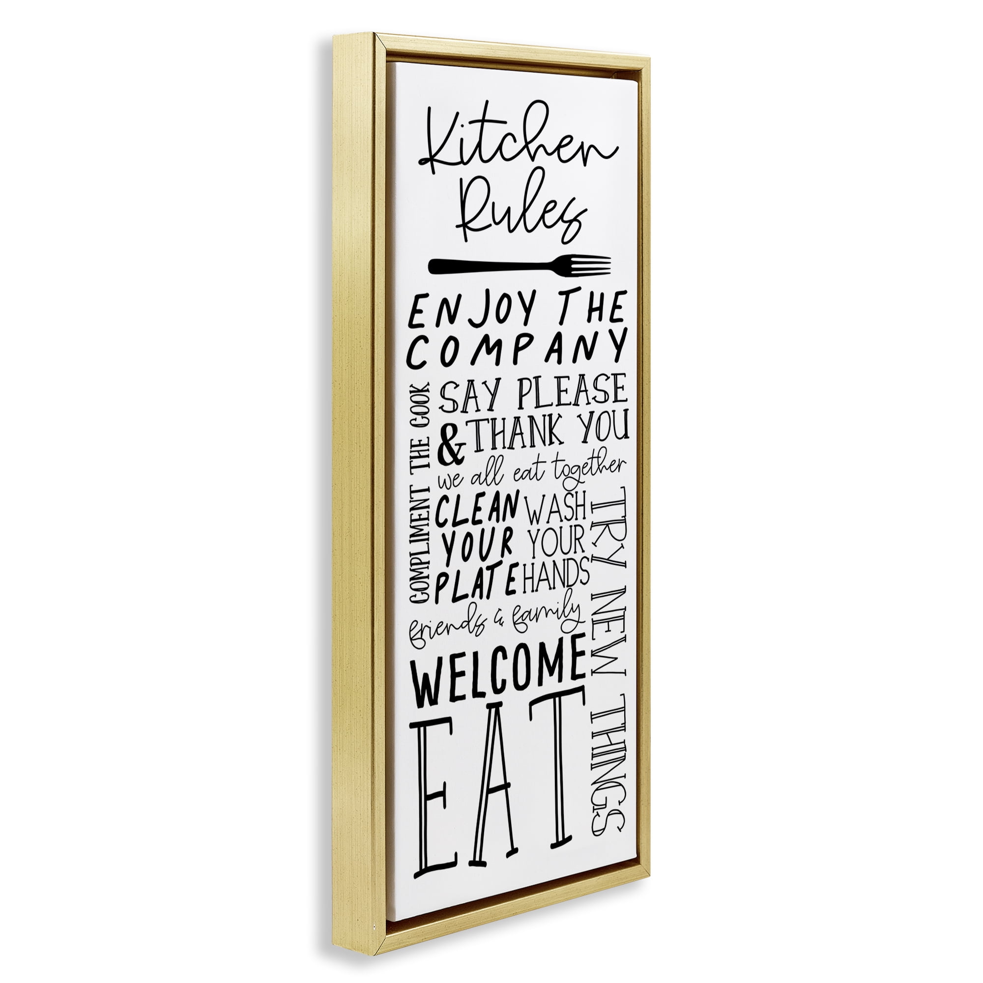 Stupell Industries Kitchen Rules Typography Food & Beverage Painting Gold Floater Framed Canvas Art Print Wall Art, 14 x 31