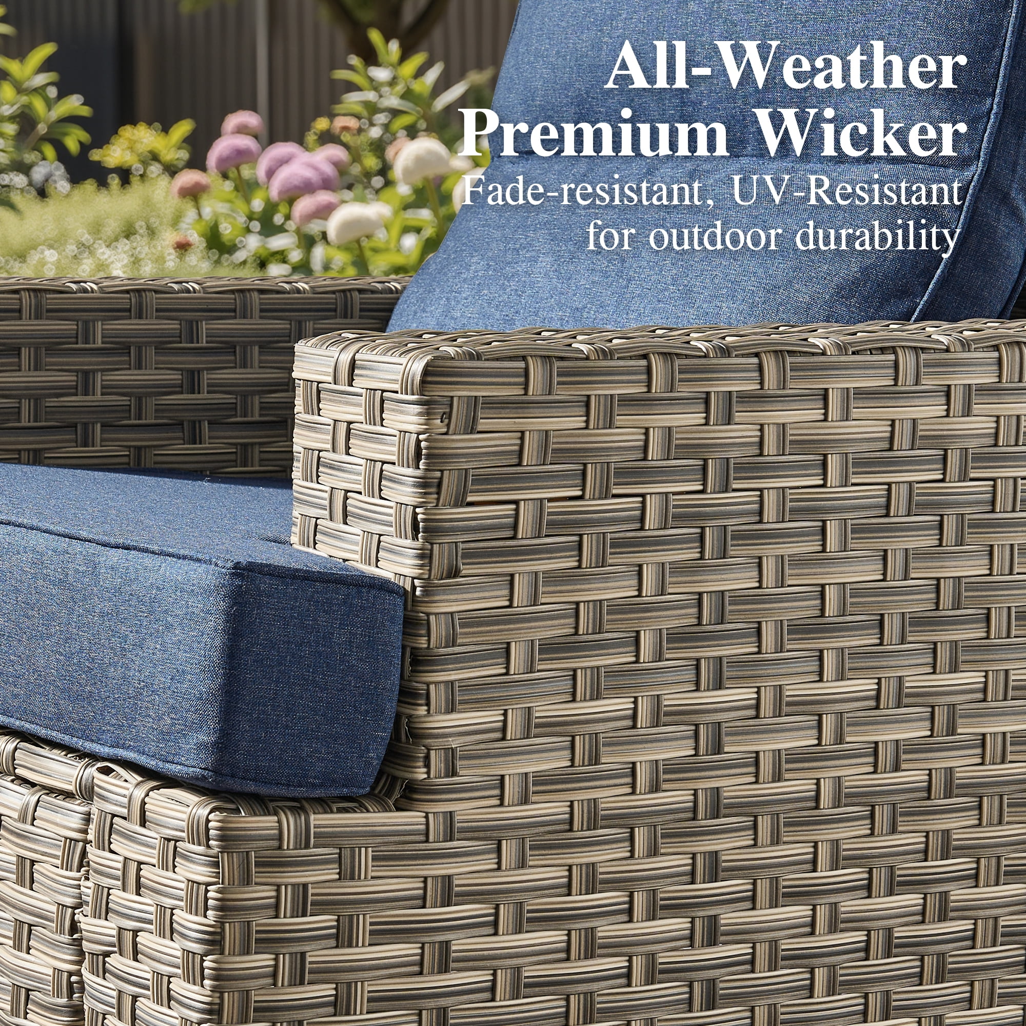 Ovios 7 Pieces Outdoor Patio Furniture Set All-Weather Rattan Wicker Sectional Sofa and Chairs with Ottomans, Denim Blue