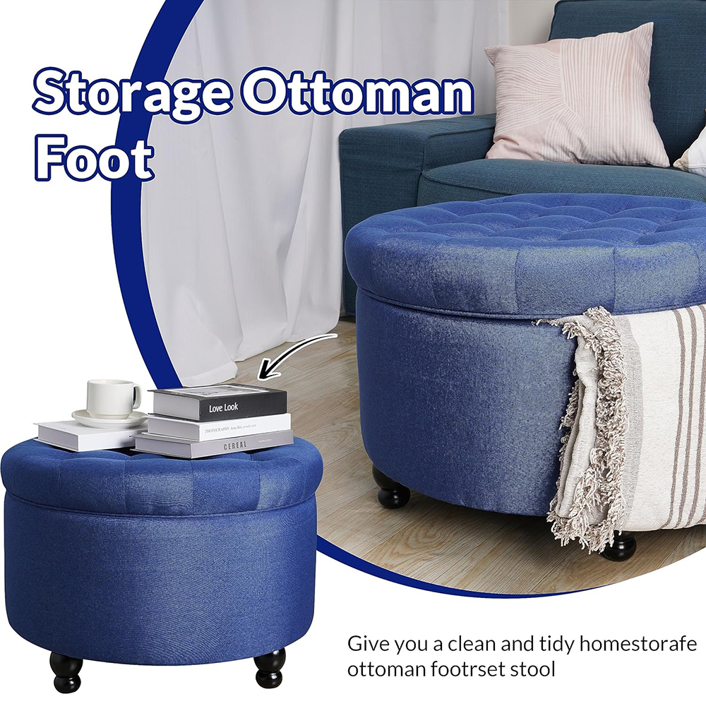 Elevon Large Round Storage Ottoman with Hidden Compartment, Upholstered Accent Ottoman for Living Room and Bedroom, Navy Blue / Blue / Grey