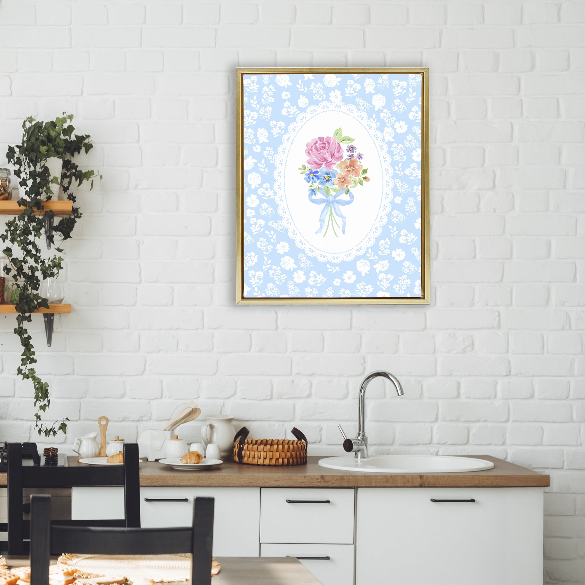 Stupell Industries Blue Feminine Bouquet Gold Framed Floater Canvas Wall Art, design by Corinne Haig
