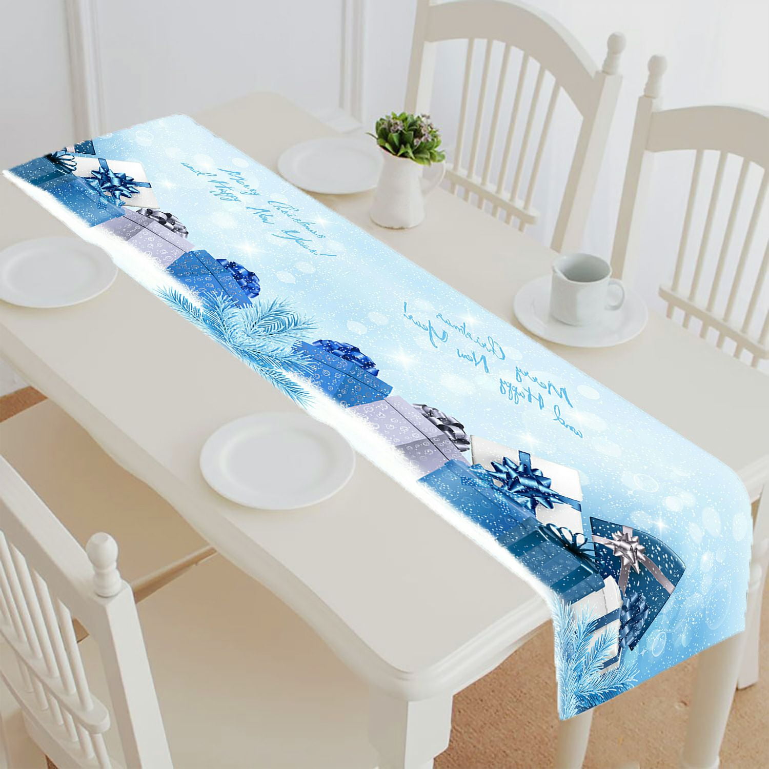 ABPHQTO Christmas Blue Gift Boxes And Snowflakes Table Runner Placemat