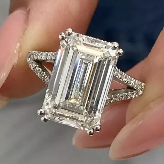 4TCW Emerald Cut Lab-Created Diamond Bridal Halo Engagement Ring in 14k White Gold Plated