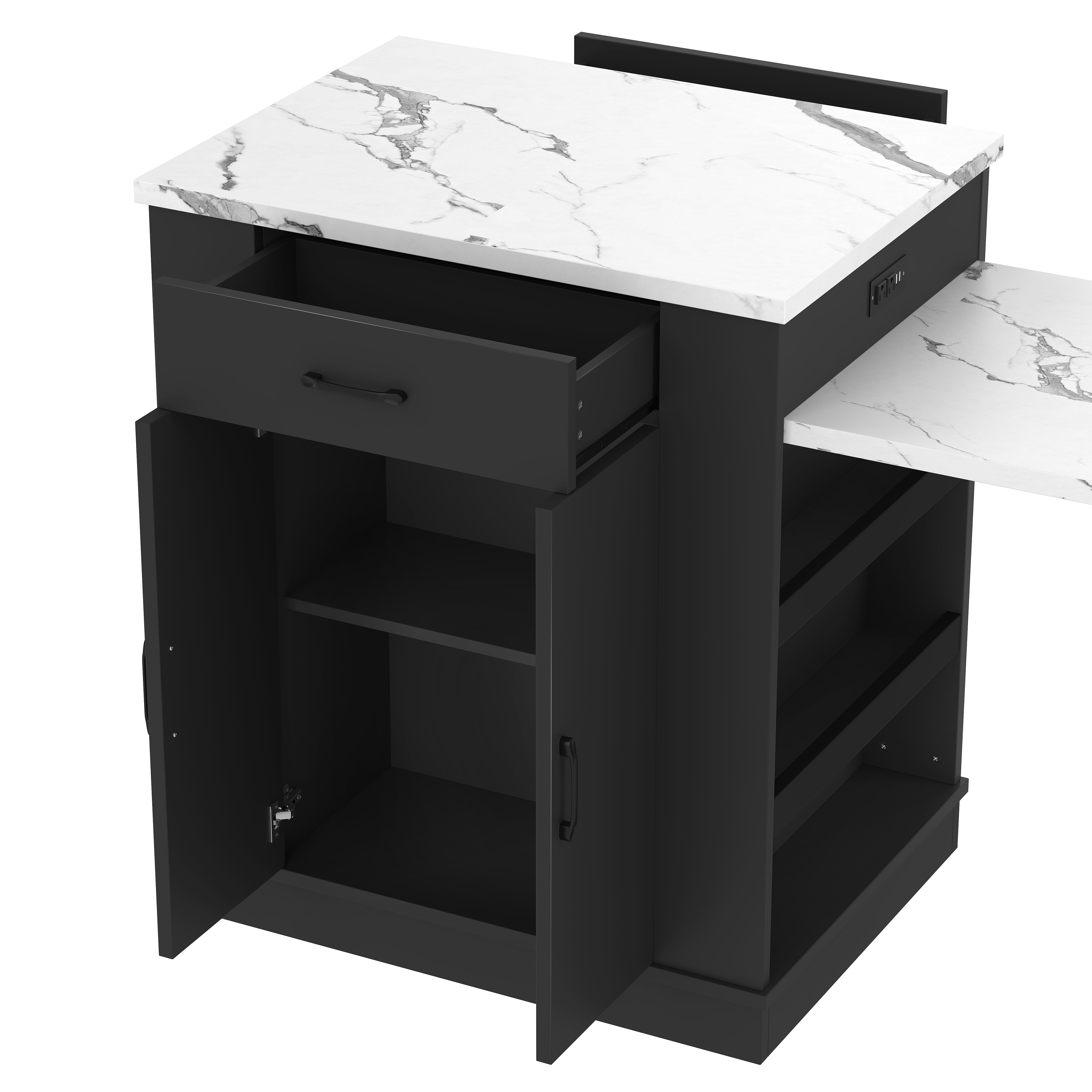 Large Extendable Kitchen Island for Family Use, Dining Table and Breakfast Bar with Storage Drawers, Cabinet Doors and Open Shelves, Ideal for Kitchen and Dining Room, Black