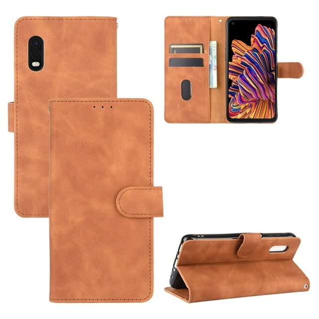 For Samsung Galaxy XCover Pro PU Leather Flip Case Card Slots Holder Kickstand Book Folding Folio Cover-Brown