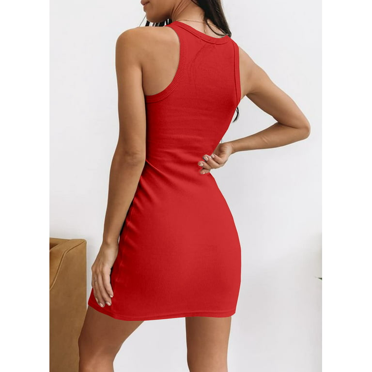Bigersell Tank Dress for Women Fashion Casual Dress Round Neck Sleeveless  Women's Dress Knee-Length Tall Bodycon Dress Style 8740, Female Full-Length  Dresses Red M 