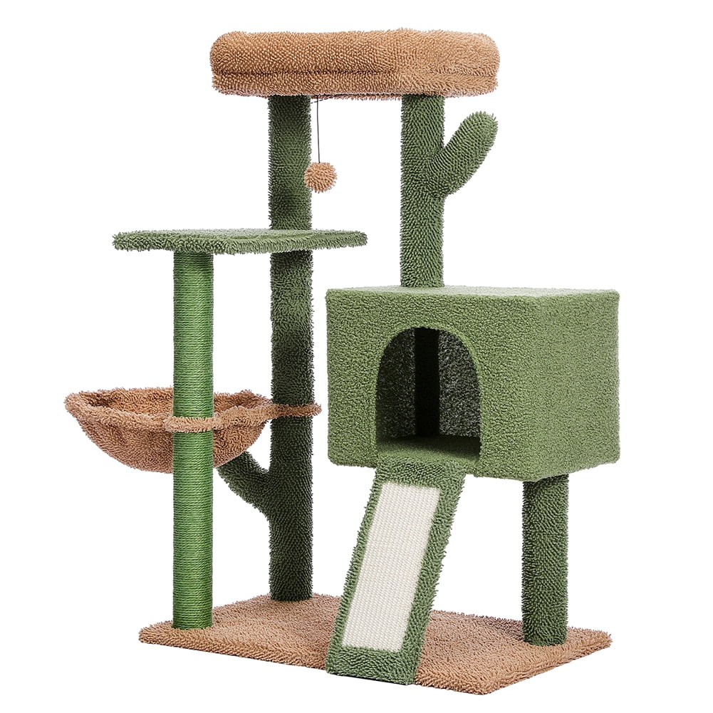 Kadyn Cactus Cat Tree, Cat Tower with Plush Perch &Soft Hammock, Cat Climbing Stand for Indoor Cats, Green+Brown