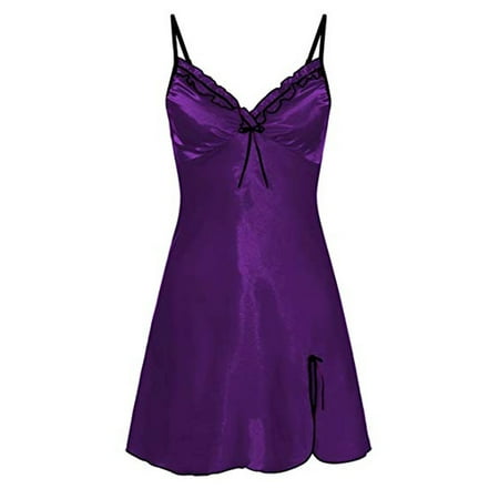

DNDKILG Womens Plus Size Chemise Lace Sleepwear Mini See Through Lingerie V Neck Teddy Babydoll Dark Purple S