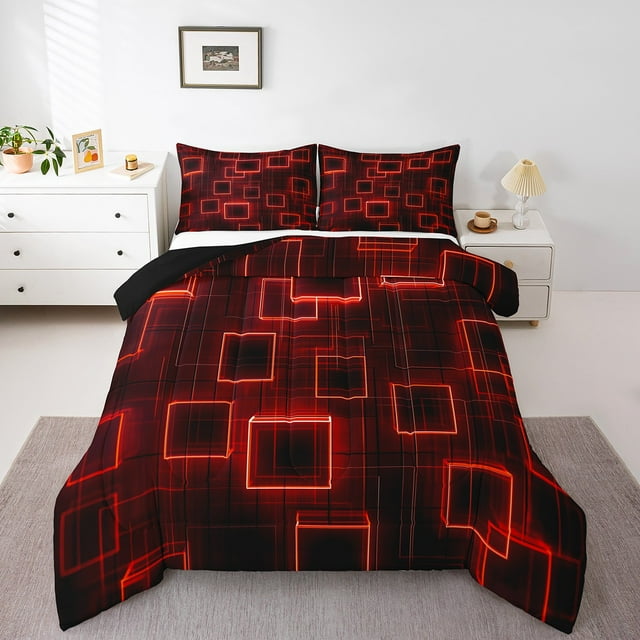 YST Geometry Kids Bedding Set Toddler Size,Red Neon Light Black Quilt Geometric Grid Lines Comforter Set,Modern Abstract Gradient Cubes Down Comforter For Boys Girls Adults
