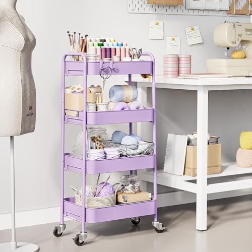 4-Tier Metal Rolling Cart with Wheels, Storage Utility Organizer Cart for Kitchen, Bathroom, Office, Baby Essentials & Makeup - Lockable Casters, Easy Assembly, Large Capacity, Purple