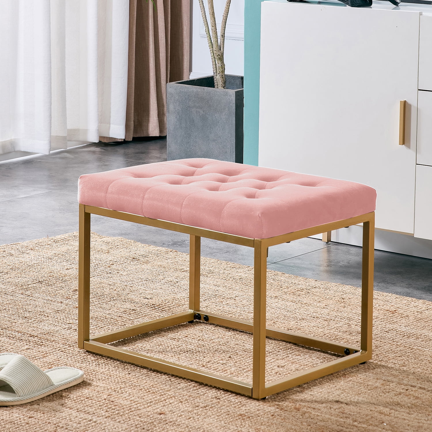 Kepooman Pink Bench, Square Shoe Changing Stool with Powder Coating Metal Legs, Velvet Bench for Living Room Kepooman Pink Bench, Square Shoe Changing Stool with Powder Coating Metal Legs, Velvet Bench for Living Room