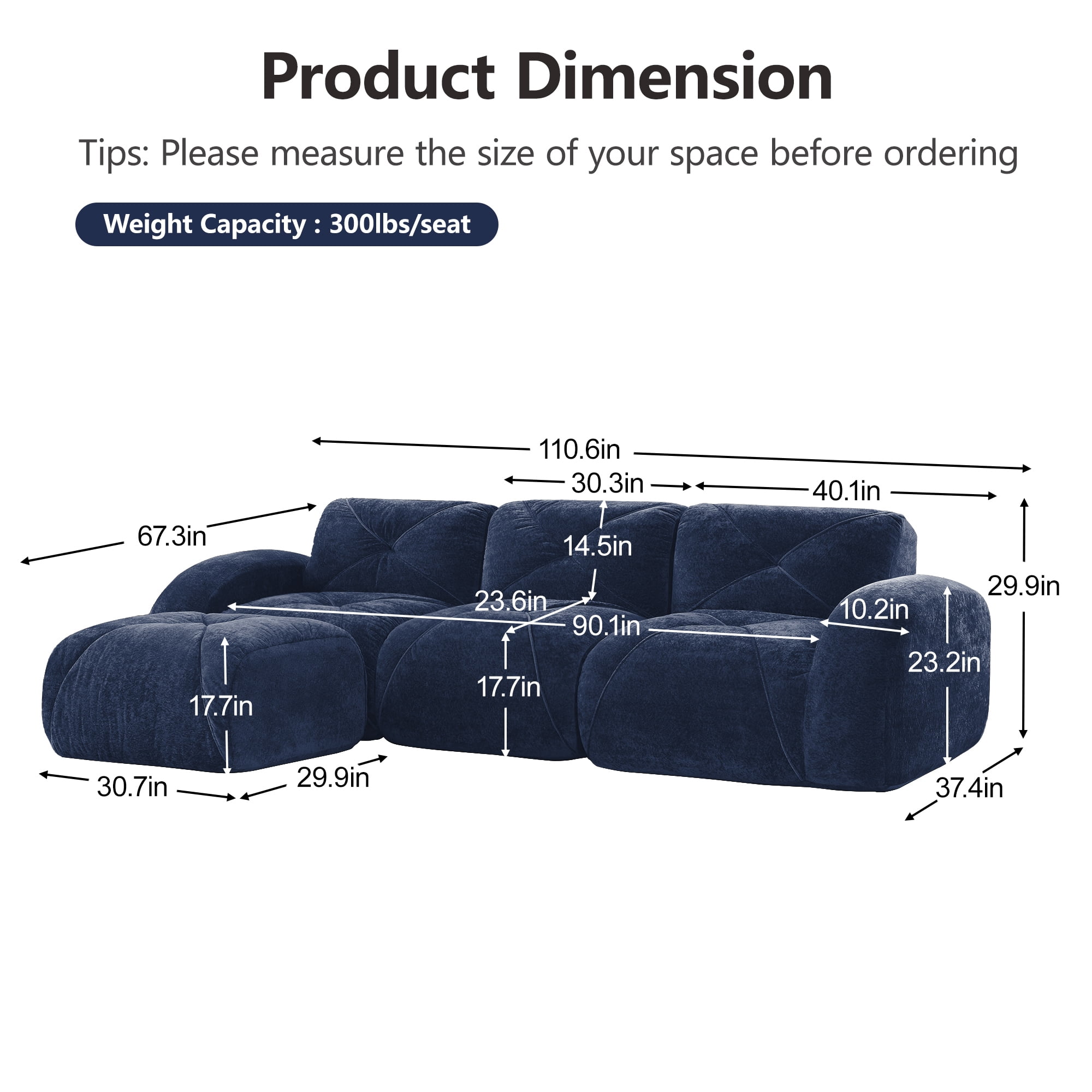 Alvantor L-Shaped Sectional Sofa 3-Seater Boneless Sofa Couch with Anti-Slip Design for Living Room, Easy Assembly Blue