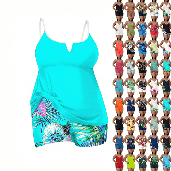 HAPIMO Women's Plus Size Tankini Sets Tummy Control Two Piece Bathing Suits Strap Swim with Boy Shorts Modest Summer Tropical Vacations Swimwear with Chest Pad Black XXXXL