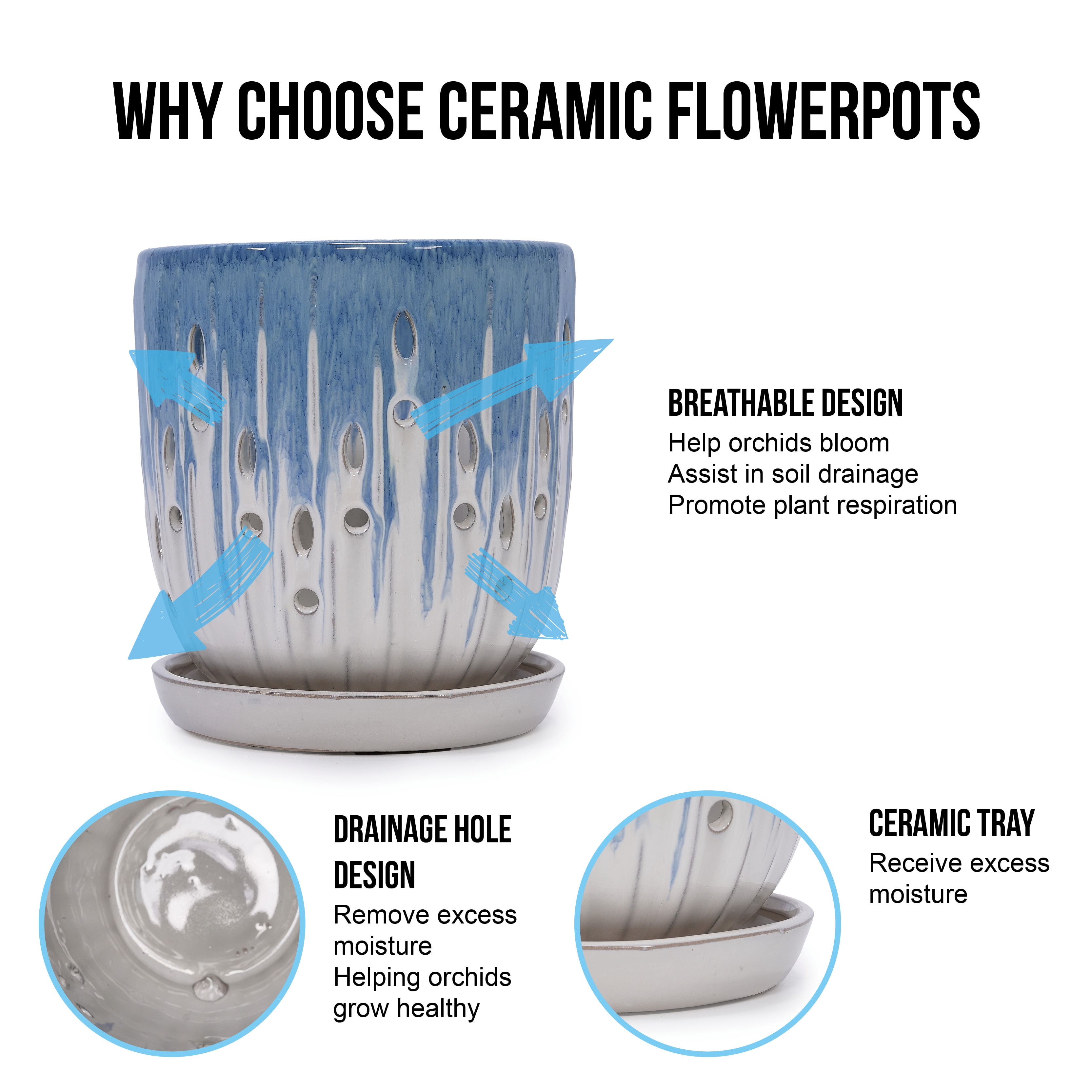 MAYEERTY 2 Pack Ceramic Planter Pot with Drainage Hole, 8" Planter for Indoor Outdoor Patio, Garden, White Blue